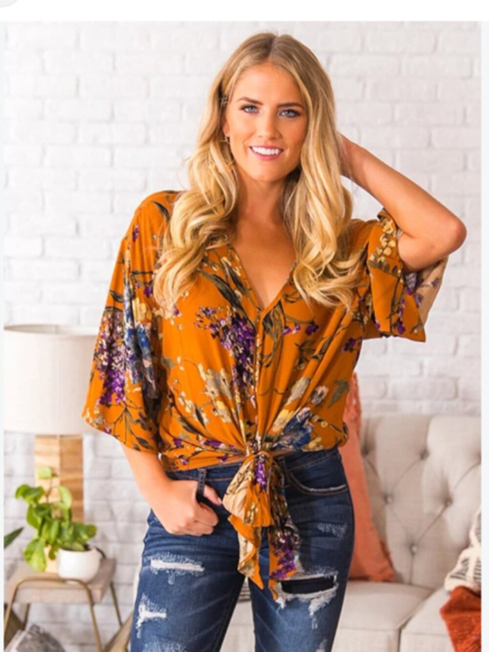Blu Pepper Blouse Soho Style Shift Top – V-Neck and ¾ Sleeve - Size Large